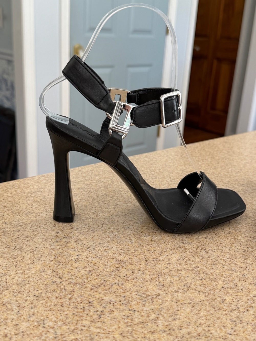 Karl Lagerfeld Black Leather Strappy Heels Sandals Shoes 6 NEW Silver Buckle